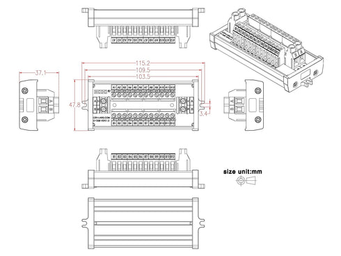30Amp/300V 2x12 Position Terminal Block Distribution Module, Screw Mount