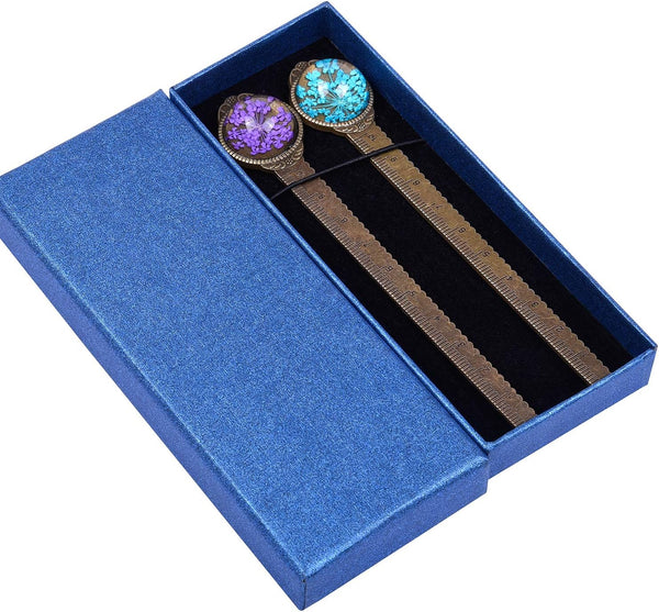 Wisdompro 2 Pcs Metal Bookmark, Retro Vintage Bronze Book Mark Ruler with Dried Flower, Gift Box for Book Lovers