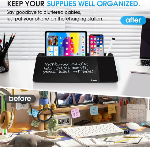 Varhomax Black Glass Desk Whiteboard with Wireless Charger, Desktop Dry Erase Board, Memo Notepad for Home Office