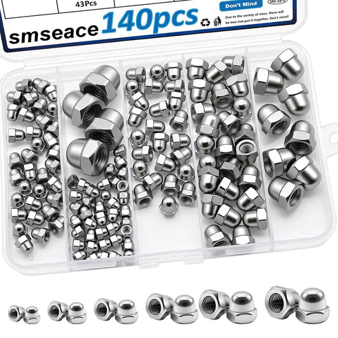 smseace 140Pcs 304 6-Sizes M3/M4/M5/M6/M8/M10 Stainless Steel Acorn Nuts Assortment Kit Bolt Covers Caps
