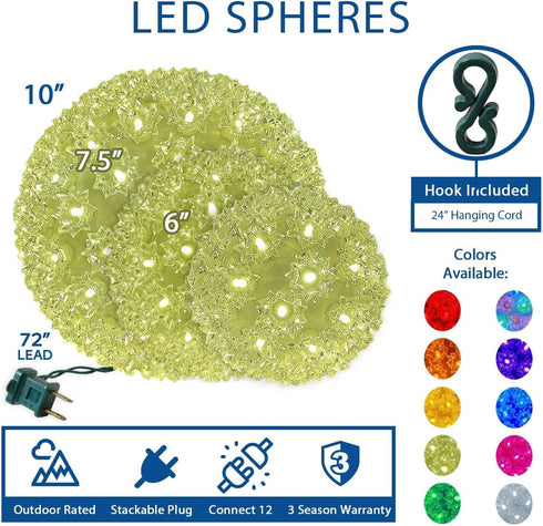 6in 50 5ft 12ft Commercial Novelty Lights LED Light Starlight Sphere, Blue, Ornament Ball Light, Hanging Cord with S
