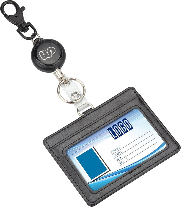 Wisdompro ID Badge Holder with Retractable Keychain, 2-Sided PU Leather Pass Card Holder, 2 Card Slots, Black,