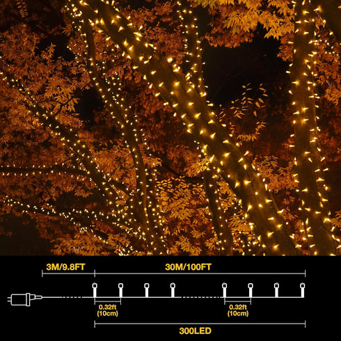 100ft 300 8 HeKation Christmas Led Lights Outdoor, Led Warm White Christmas String Lights for Tree Holiday Party
