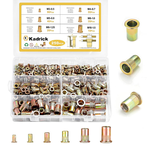 Kadrick Rivet Nut Kit, 250pcs Metric Rivet Nut Assortment Kit, Galvanized Carbon Steel Flat Head Insert Nuts