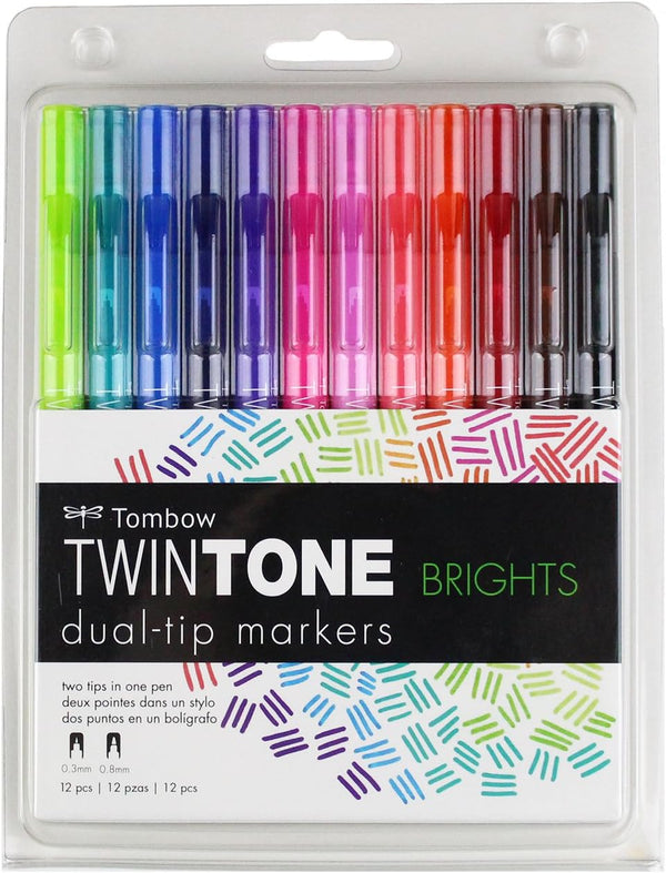 Tombow 61500 Twintone Marker Set, 12-Pack Bright Double-Sided Markers for Bold and Precise Writing