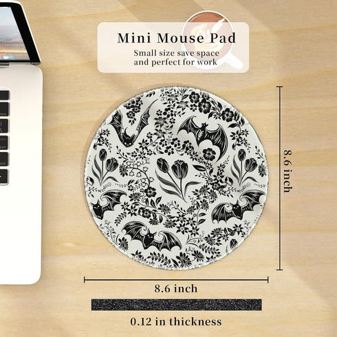 Hancynir Goth Bat Floral Mouse Pad for Desk, Gothic Small Cute Mousepad with Non-Slip Base, Round Mouse Pads