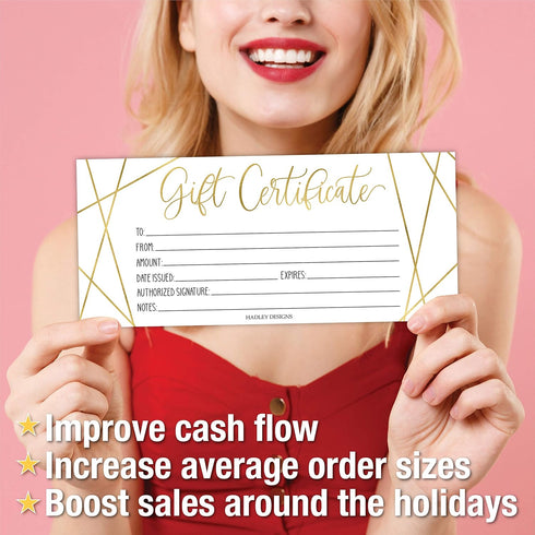 Hadley Designs 25 Gold Geo Blank Gift Certificates for Small Business, Elegant Paper Voucher for DIY Coupon Cards, 4x9"