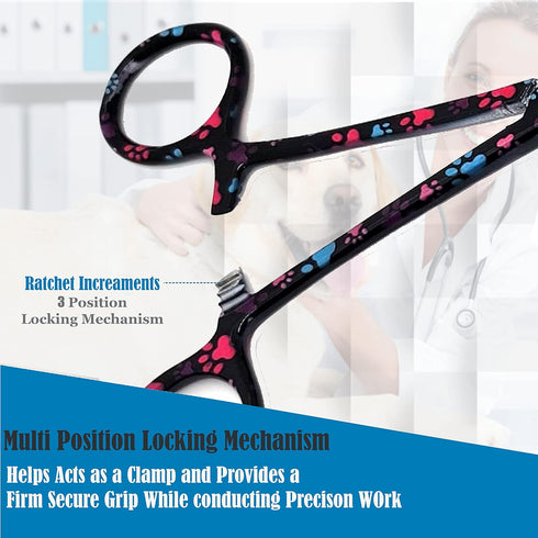 Dog Pet Ear/Nose Hair Puller Grooming Hemostat Locking Forceps, 5.5" Stainless Steel Curved Pliers (Black Multi Paws)