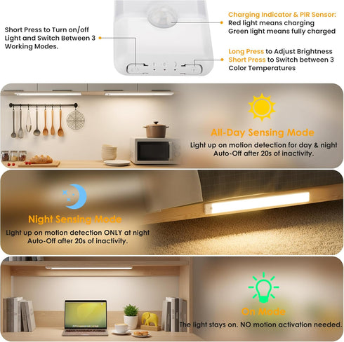 15.7 inch 3 Dimmable Closet Counter 5-Pack Motion Sensor Under Cabinet Light, Color Temperature Rechargeable Magnetic