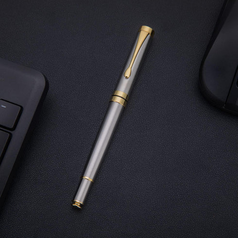 BEILUNER Silver Chrome Ballpoint Pen with Golden Trim, Best Gift Set for Men & Women, 0.5mm Extra Black Refill