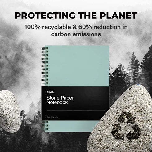 Stone Paper Waterproof Spiral Notebook, Eco-Friendly 7.20”x10.11”, 50 Sheets, Durable Ruled Green Notepad