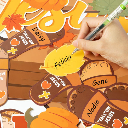 BeYumi 70Pcs Christian Bulletin Board Set - Fall Leaves, Pumpkin, Cross Cutouts for Sunday School Decor