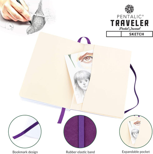 Pentalic Pocket Sketchbook Traveler Journal, 4" x 6", 160 Pages, Purple