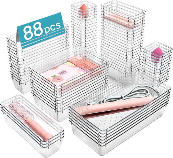 Vtopmart 88PCS Clear Plastic Drawer Organizers Set, 5-Size Versatile Bathroom Drawer Organizer