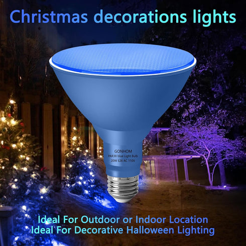 Gonhom 2 Pack PAR38 Bulbs, Dimmable, 20W, E26 1800 Blue Led Light Base, Outdoor Indoor, Christmas Lighting, LM, Long