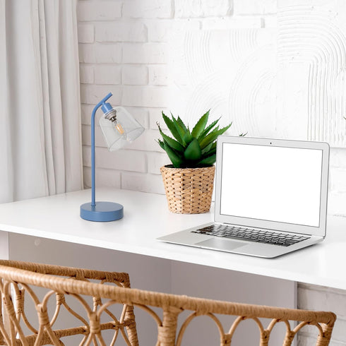 LD1080-BLU 16" Simple Designs Sleek Essentials Modern Industrial Metal Desk Lamp with Clear Glass Shade, for Office