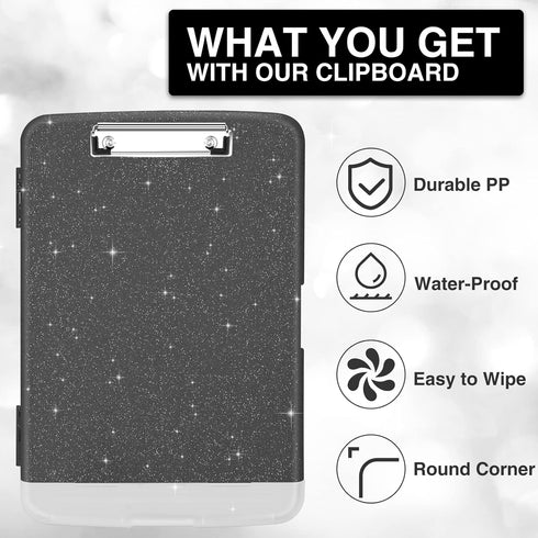 Sooez Glitter Clipboard with Storage, High Capacity Clipboard with Pen Holder, Cute 8.5x11 Clip Boards, Sparkle Plastic