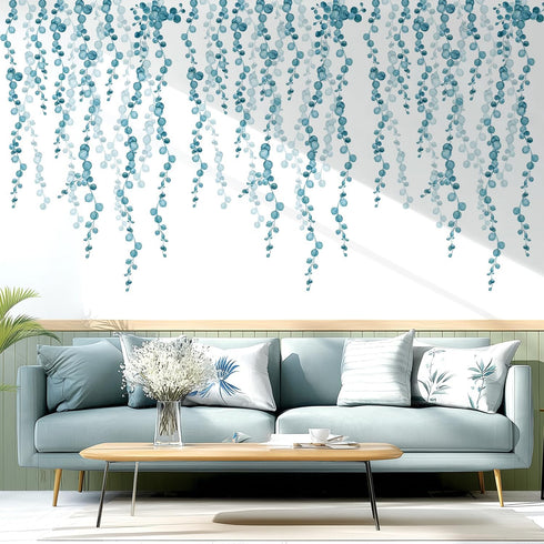 Blue Hanging String of Pearls Succulents Vine Wall Decals Peel and Stick, Large Plants Leaf Vinyl Wall Stickers