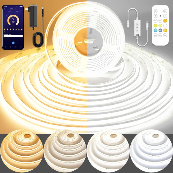 Pandery COB LED Strip Light,CCT Dimmable Strips Light,2700K-6500K,9.84ft/3m,8mm Wide,CRI90+ 24V LED Strips