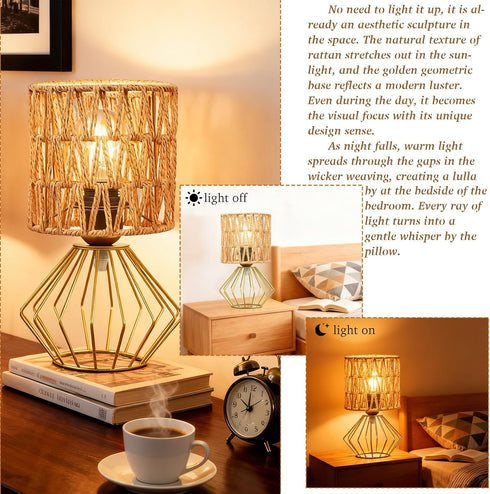 Set 2, Hamilyeah Gold Table Lamps of Boho Rattan Bedside Lamps with Woven Lamp Shade, Modern Farmhouse Desk Lamps