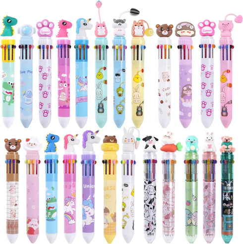 Kolewo4ever 24 Pieces Multicolor Ballpoint Pens - 10-in-1 0.5mm Retractable Cartoon Dinosaur Unicorn Pens