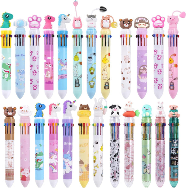 Kolewo4ever 24 Pieces Multicolor Ballpoint Pens - 10-in-1 0.5mm Retractable Cartoon Dinosaur Unicorn Pens