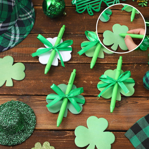 Geyee 24 Pack St. Patrick's Day Shamrock Pen with Sticky Notepad - Kids Bulk Shamrock Shaped Ballpoint Pen, Ribbons,