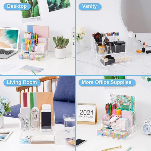 VITVITI Acrylic Desk Organizer, Upgraded Clear Pencil Organizer with Drawer, 7 Compartments for Office Supply