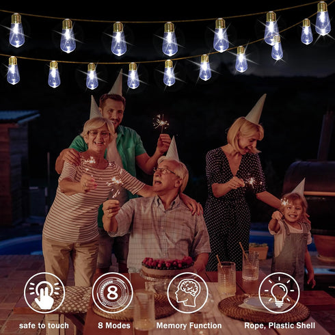 24FT 8 Bulb (New) Outdoor String Lights, Hemp Rope LED Patio Lights, Waterproof Modes Plug-in Edison Lights