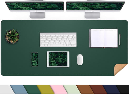 Leather Desk Pad Protector, Large Natural Cork & PU Leather Mat, Waterproof Writing Pad for Office & Home, Dark Green