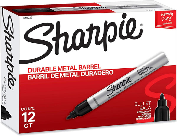 Sharpie Metal Barrel Permanent Markers, Bullet Tip, Black, 12 Count