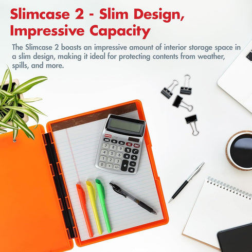 Dexas Slimcase 2 Plastic Clipboard with Storage, Neon Orange, A4 Holder for Office Supplies and Nursing