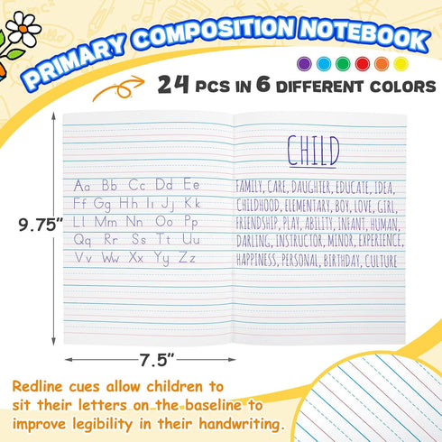 Henoyso 24 Pcs 9.75" x 7.50" Primary Composition Notebook, K-2 Primary Ruled Journals for Kids