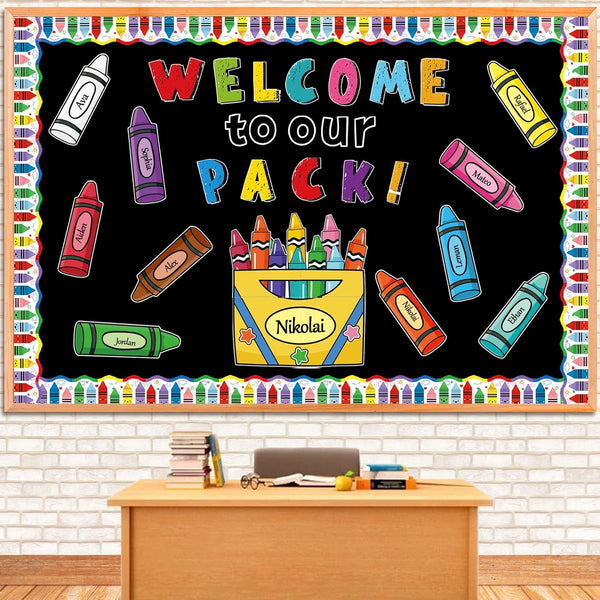 YUUIKLLE 87Pcs Classroom Bulletin Board Decorations SetBack to School Crayon Themed Classroom Decor