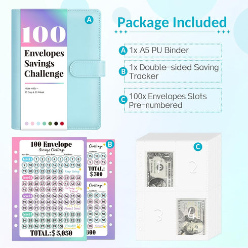 Sooez 100 Envelopes Money Saving Challenge - Savings Challenges Book with Envelopes, Flexible Saving $5050