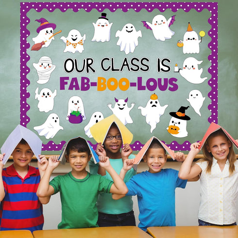 Halloween Bulletin Board Decoration Set, Cute Ghost Paper Cutouts and Blackboard Border for Classroom Chalkboard Decor