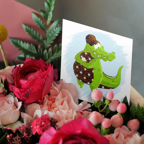 Kids Greeting Card - Green & Brown Alligator with Blue Stars Design