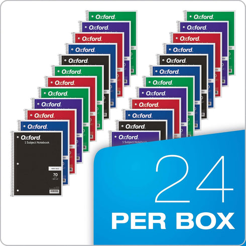 Oxford Spiral Notebooks, 1 Subject, Wide Ruled, 70 Sheets, 24 per Pack, Colors Vary
