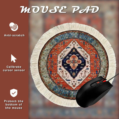 Antdean Round Persian Style Carpet Mouse Pad Vintage Miniature Bohemian Rug Desk Pad, Non-Slip Computer Mouse Mat