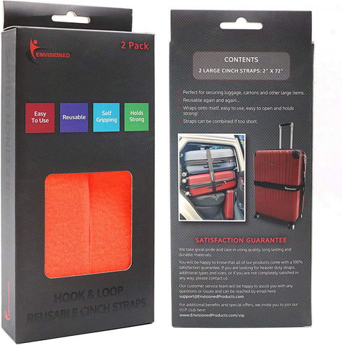 Reusable Cinch Straps 2" x 72" (Usable Length 64") - 2 Pack Hook and Loop Straps