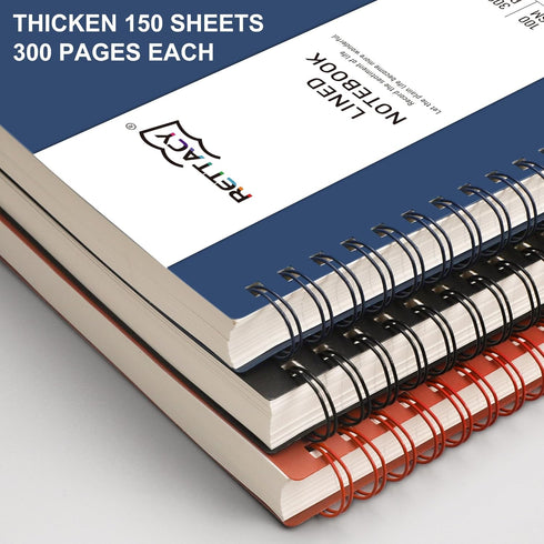 RETTACY Spiral Notebook - A5 College Ruled Notebook with 300 Pages, Notebook Journal for School, Work, Writing, 100 GSM Premium Acid-Free Paper, Twin-Wire Binding, 5.7" × 8.22" (Navy Blue)