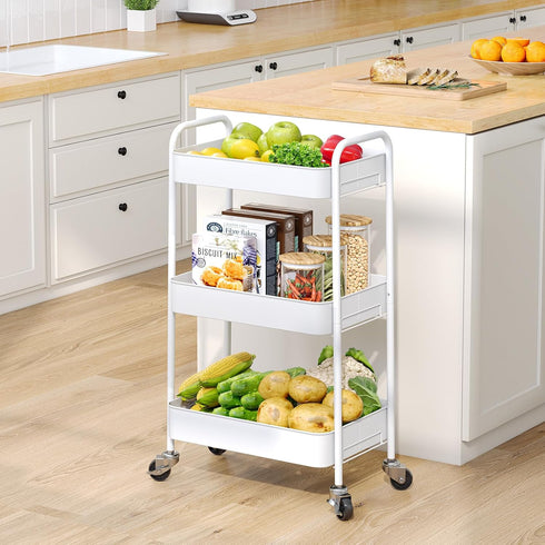 TOOLF 3-Tier Rolling Cart, Metal Utility Cart with Lockable Wheels, Storage Organizer for Office, Bathroom, Kitchen