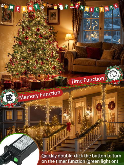 2-Pack 66FT 200 13 LED Christmas Lights, Modes Extendable Christmas Tree Lights with Timer & Memory, Waterproof Twinkle