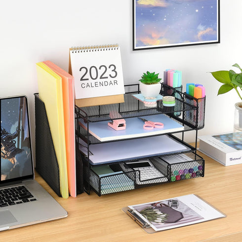Desk Organizers and Accessories, Workspace Organizers for Office Supplies, 2 Pen Holders, 4 Tier Paper Organizer for