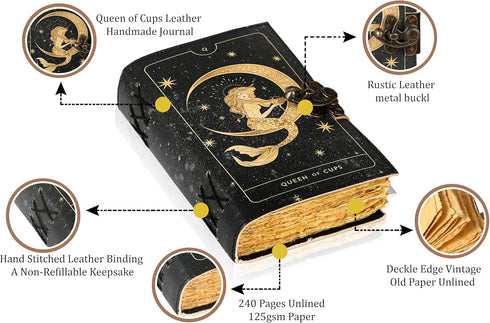 TUZECH Book of Spells Leather Bound Journal, Antique Vintage Grimoire Diary for Witchcraft (Queen of Cups)
