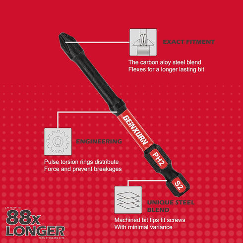 Impact Tough #2 Phillips Mixed Driver Bits, 30 Pack, 2/3/6 in. D2 Steel Long Extension, 1/4 Inch Hex Shank