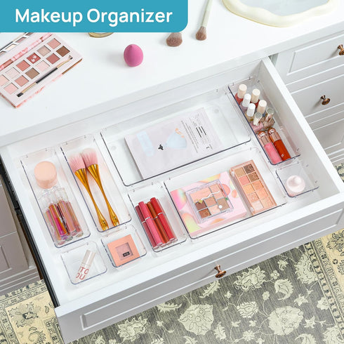 88PCS Set, 5-Size Vtopmart Clear Plastic Drawer Organizers Versatile Bathroom Drawer Organizer Trays, Storage Bins