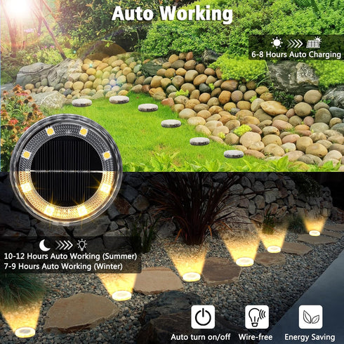 8 Pack 8 IP65 Solar Ground Lights Outdoor, LED Solar Disk Lights, Waterproof Long Lasting Flat Light for Garden Pathway