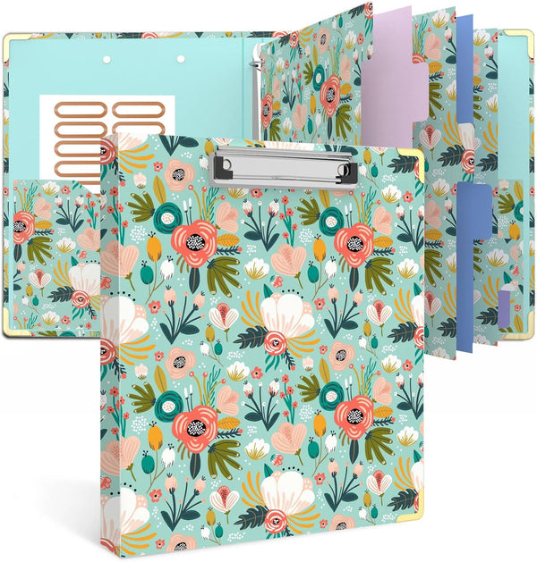 Cute Round Ring 3 Ring Binder 1 Inch, Green Floral with 6 Tab Dividers, Labels Stickers, Low Profile Clipboard with