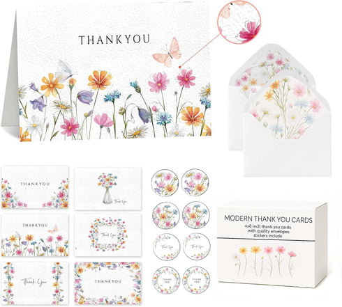 Racrico 60 Embossed Thank You Cards With Envelopes,6 Elegant Floral Designs, 4x6Bulk